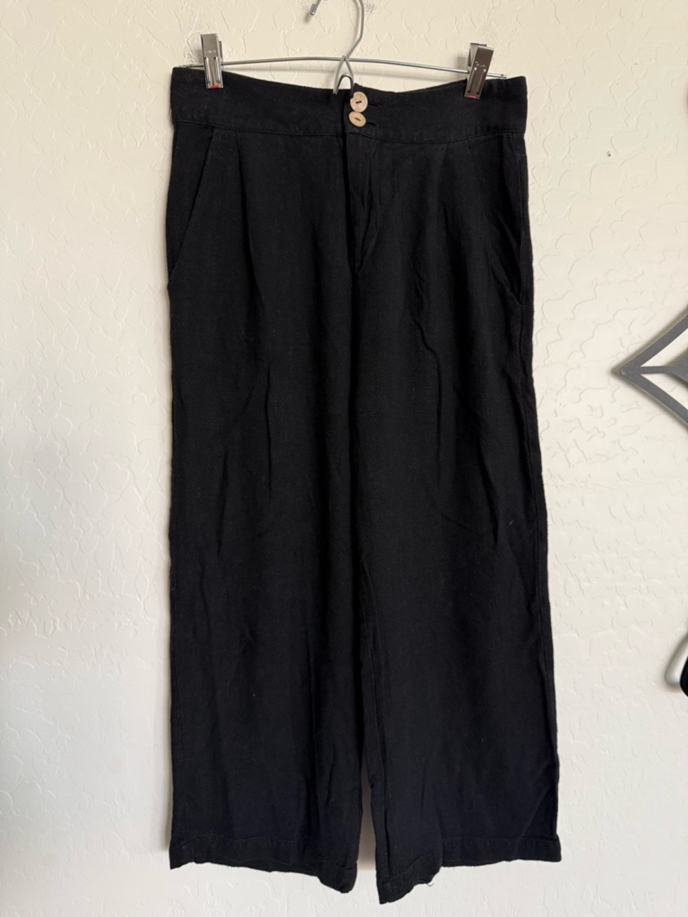 MIOU MUSE  Linen Blend High-Waist Wide Leg Black Cropped Linen Pants - S